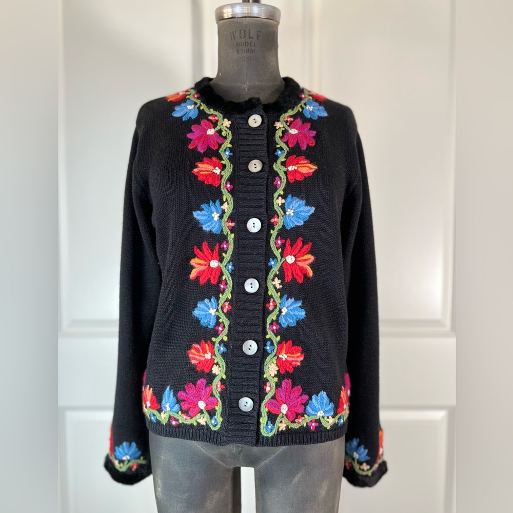 Susan Bristol Hand-Embroidered Floral Cardigan Sweater Black Size S